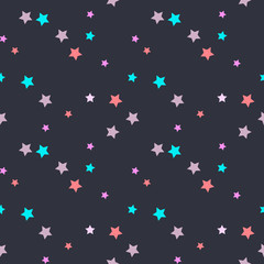 Seamless vector pattern with pink, mintm beige stars on dark grey background.
