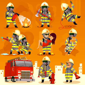 Set of cartoon fireman doing their job and saving people. EPS 10