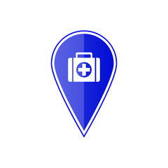 Blue map pointer with first aid kit. Vector illustration