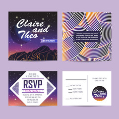 wedding invitation with rsvp card. cosmic design with star shine. beautiful sunset