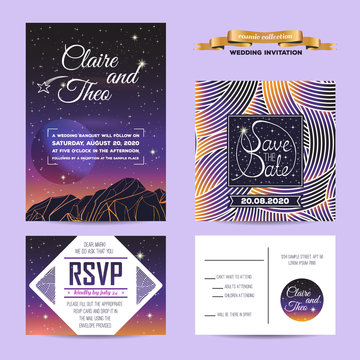 wedding invitation with rsvp card. cosmic design with star shine. beautiful sunset