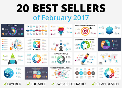 Best vector circle infographics set. Business diagrams, arrows graphs, startup logo presentations and idea charts. Data options, parts, 3, 4, 5, 6, 7, 8 steps or processes. 16x9 slide template.