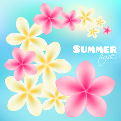 Summer time poster background with bright tropical flowers