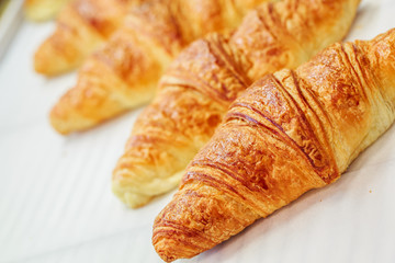 closeup on croissants with butter in french pastry shop