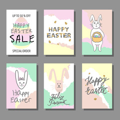 Happy Easter cards set with hand drawn grunge texture, design for banner, poster, flayer. Happy Easter greeting cards with cute bunnies.