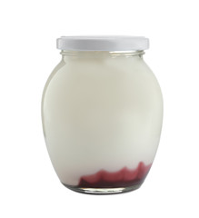 Glass jar with tasty yogurt and jam on white background