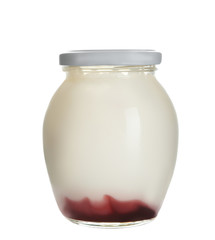 Glass jar with tasty yogurt and jam on white background