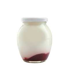 Glass jar with tasty yogurt and jam on white background