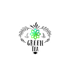 Badge as part of the design - Green tea Sticker, stamp, logo - for design, hands made. With the use of floral elements, calligraphy and lettering