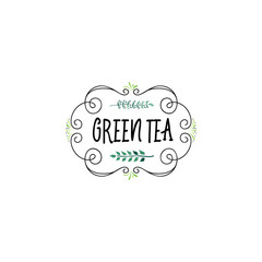 Badge as part of the design - Green tea Sticker, stamp, logo - for design, hands made. With the use of floral elements, calligraphy and lettering