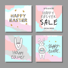 Happy Easter cards set with hand drawn grunge texture, design for banner, poster, flayer. Happy Easter greeting cards with cute bunnies.