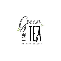 Badge as part of the design - Green tea Sticker, stamp, logo - for design, hands made. With the use of floral elements, calligraphy and lettering