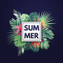 Obraz premium Customizable vector floral design template for summer beach party. Tropical flyer with green exotic plants and red flowers.