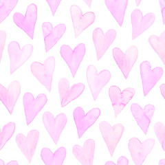 Watercolor hearts seamless background. Pink watercolor heart pattern. Colorful watercolor romantic texture.