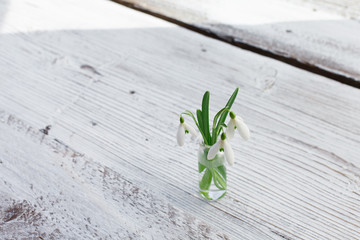 Spring flowers snowdrops in a glass vase made from a tiny bottle on a white wooden table