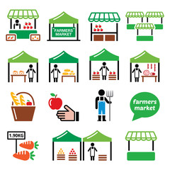 Farmers market, food market with fresh local produce icons set 