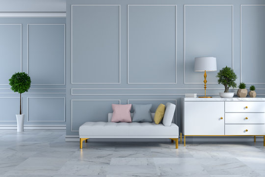 luxury modern room interior,white daybed with white sideboard on light gray wall and marble floor /3d render