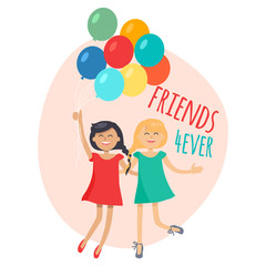 Happy Girls with Colorful Balloons Friends Forever