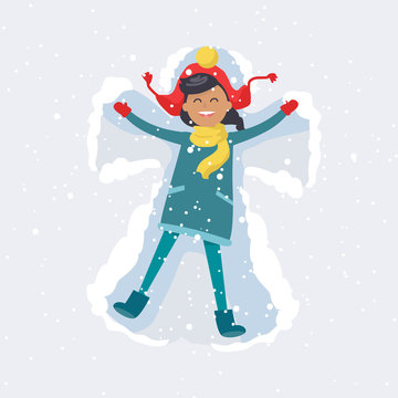 Happy Girl Makes Snow Angel. Winter Illustration