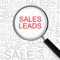 Sales Leads. Magnifying glass over seamless background with different association terms.