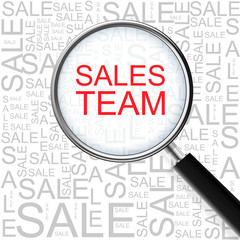 Sales Team. Magnifying glass over seamless background with different association terms.