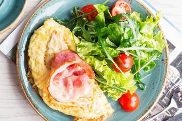 Omelet, fried eggs, bacon, salad, breakfast, eggs, morning, fritters