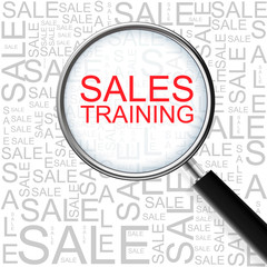 Sales Training. Magnifying glass over seamless background with different association terms.