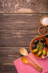 Background, wood background, cooking, food, spices, olives, spoons, rustic