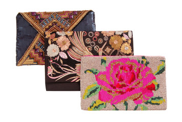 three handbags with embroidery, clutchs of envelope shape