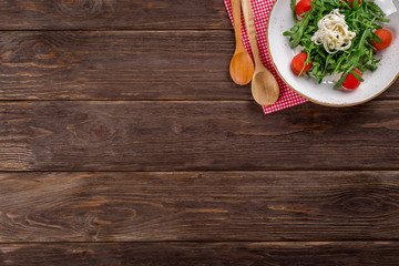 Greens, wooden background, background, dish, salad, appetizers, tomatoes, cheese, table, spoons