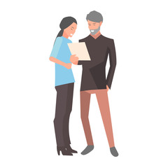 Manager Holding and Looking at Document with Woman