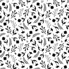 Vector seamless black and white floral pattern with wild flowers.