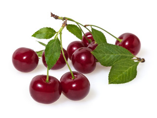 Cherries with leaves isolated on white background