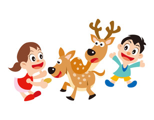 鹿と子供、しか、鹿、鹿せんべい、バンビ