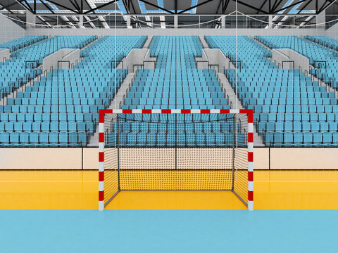 Beautiful Sports Arena For Handball With Sky Blue Seats And VIP Boxes - 3d Render