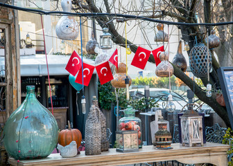 Istanbul, Turkey - February 18, 2017: An assortment of antic lanterns with Turkish flags displayed in Eminonu district