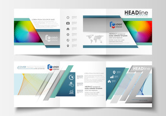 Set of business templates for tri fold square brochures. Leaflet cover, flat layout, easy editable vector. Colorful design background with abstract shapes and waves, overlap effect.