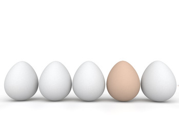 3d rendering of unique brown egg in a row of white eggs