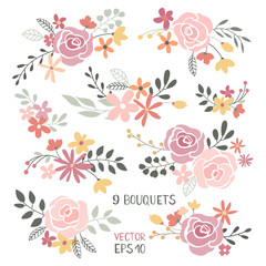 Vector vintage bouquets of flowers set in gentle colors, pink roses, peonies with green leaves and branches - 141028343