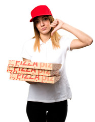 Pizza delivery woman making bad signal