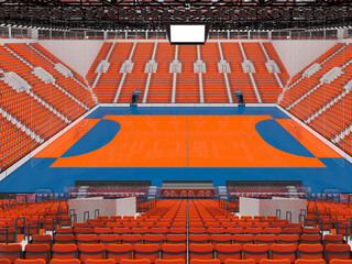 Naklejka premium 3d render - Beautiful sports arena for handball with orange seats and VIP boxes