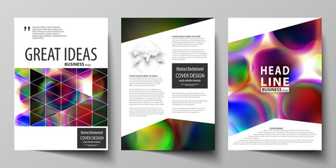 Business templates for brochure, magazine, flyer, booklet or annual report. Cover template, flat vector layout in A4 size. Colorful design background with abstract shapes, bright cell backdrop.