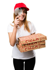 Pizza delivery woman with magnifying glass