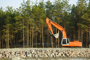 Orange crawler excavator standing in the woods