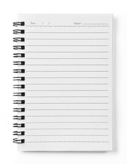 Blank spiral notebook with line paper isolated on white background
