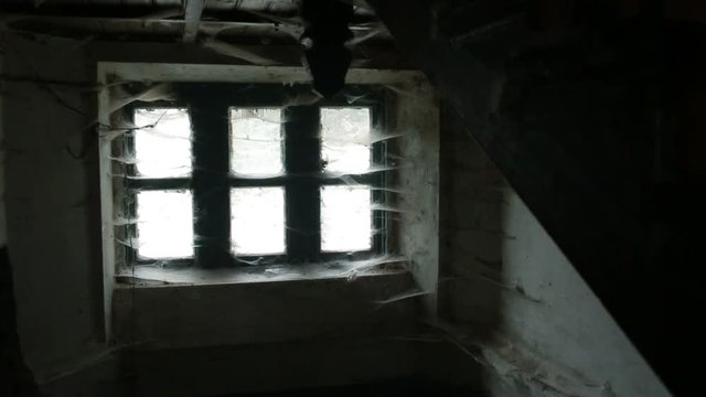 The terrible old eerie windows of the old house are all in a cobweb. inside view