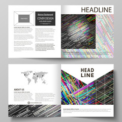 Business templates for square design bi fold brochure, flyer, booklet, report. Leaflet cover, vector layout. Colorful background made of stripes. Abstract tubes and dots. Glowing multicolored texture.