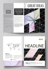 Business templates for bi fold brochure, flyer, report. Cover design template, vector layout in A4 size. Colorful abstract infographic background with lines, symbols, charts and other elements.