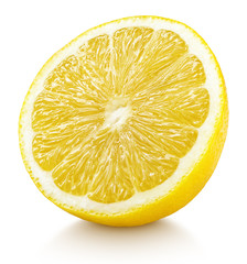 Ripe half of yellow lemon citrus fruit isolated on white background with clipping path