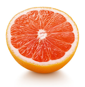 Ripe half of pink grapefruit citrus fruit isolated on white background with clipping path